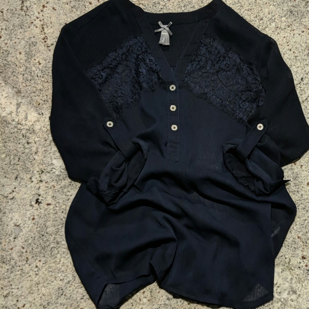Navy Blue See-thru 3/4 Sleeve Blouse